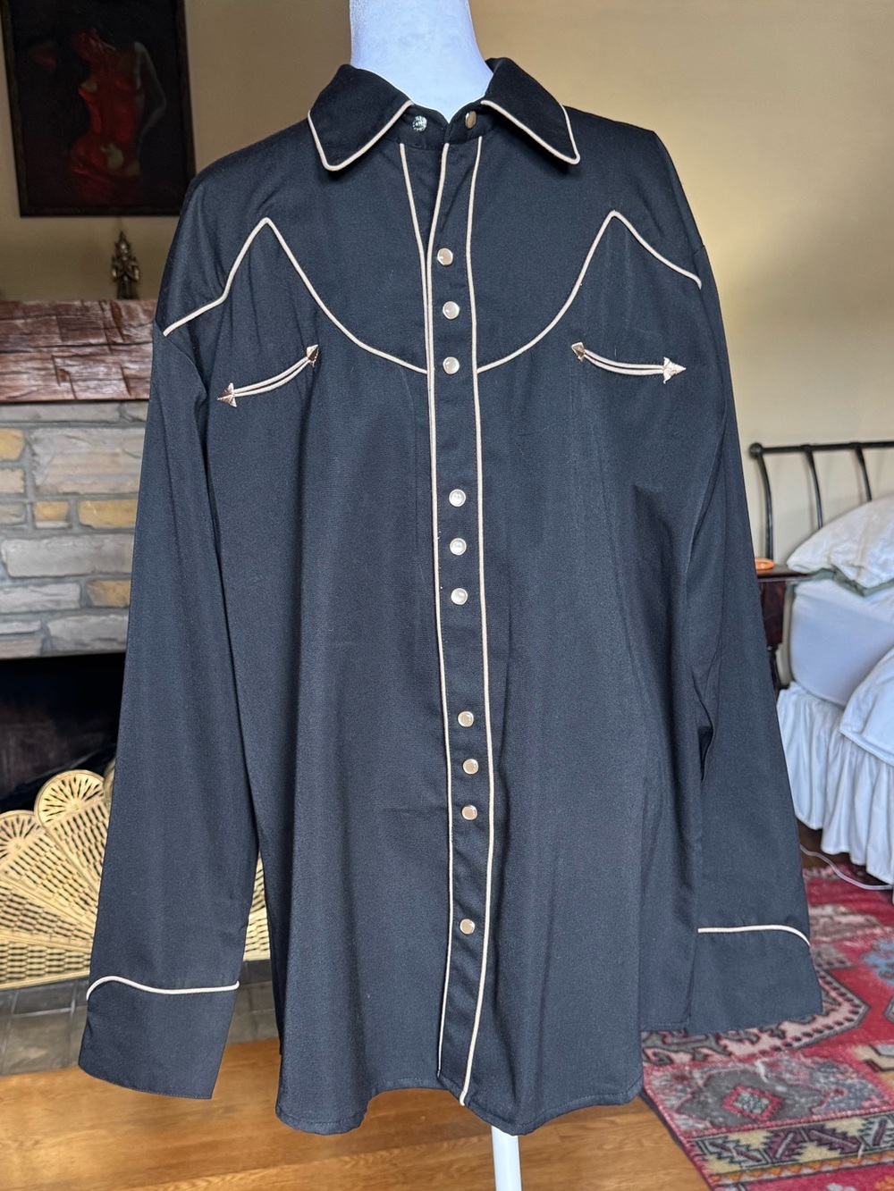 Men's Scully Western Shirt with Contrast Piping - Black and Cream Size L